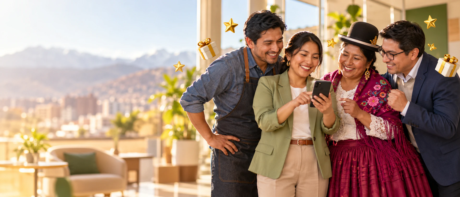 Emprendedores mirando juntos un celular y celebrando