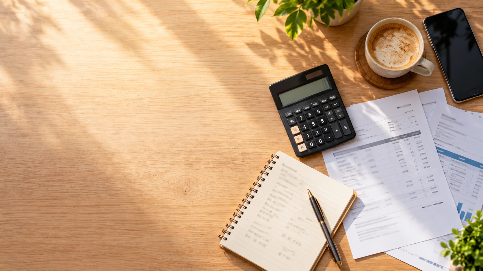 Escritorio con calculadora, papeles y café