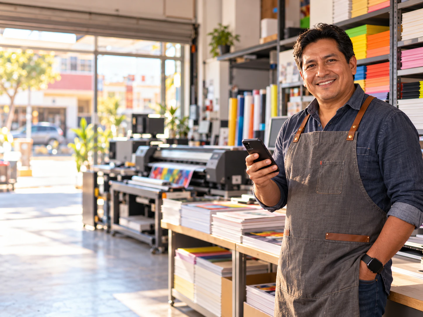 Emprendedor sonriendo con su celular en su taller