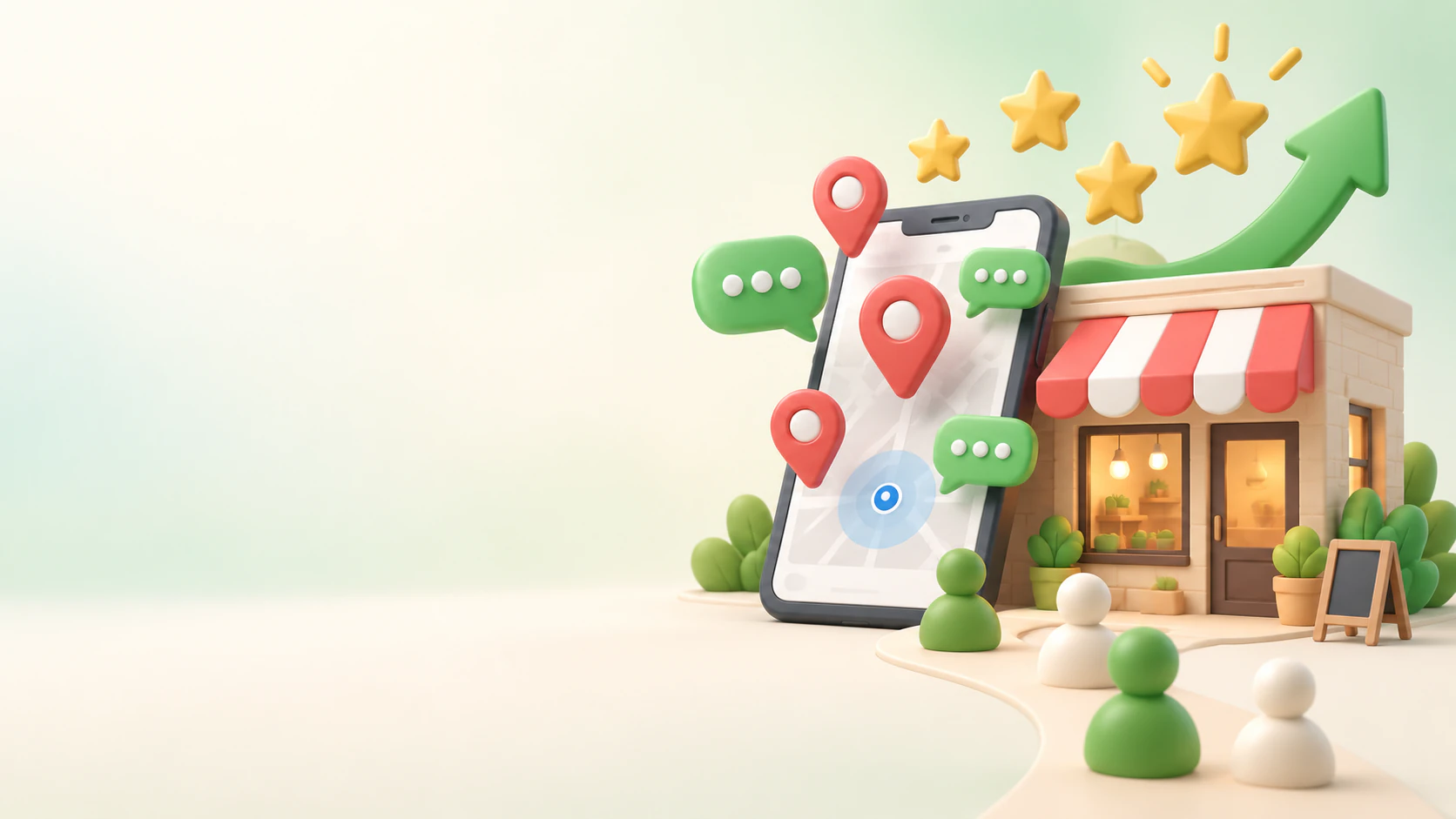 Ilustración de un negocio con su ubicación en el celular, mensajes de clientes y estrellas de reseñas