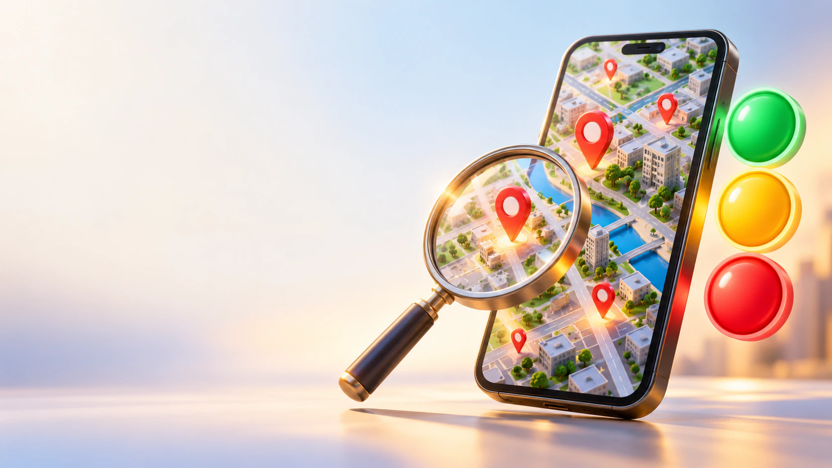 Celular con mapa, lupa y semáforo