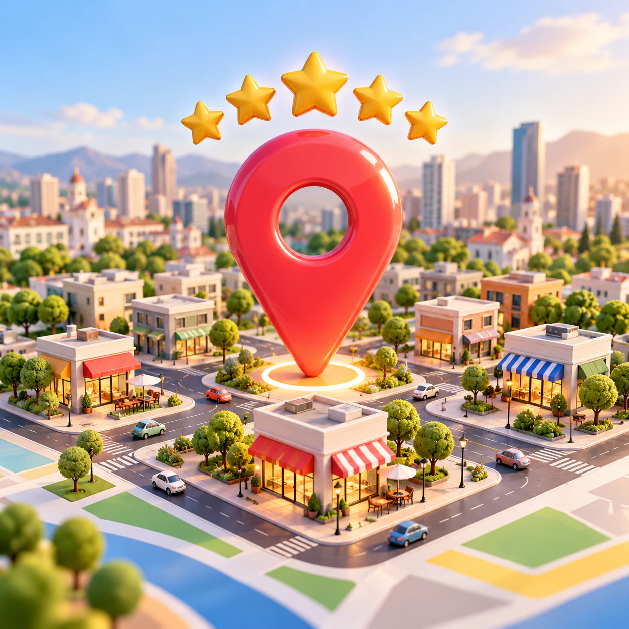 Pin de ubicación con cinco estrellas sobre la ciudad